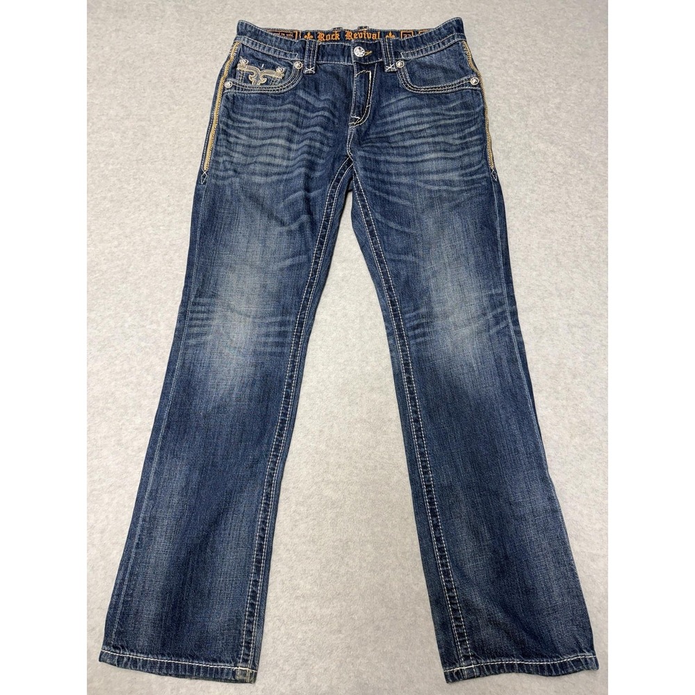 Rock Revival Frankie Straight Jeans Mens 34x33 Blue Medium Wash Embroidered